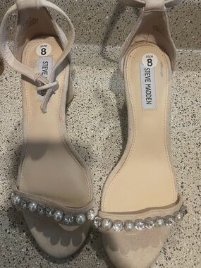 Steve Madden Beige Pearl & Crystal Ankle-Strap Heels